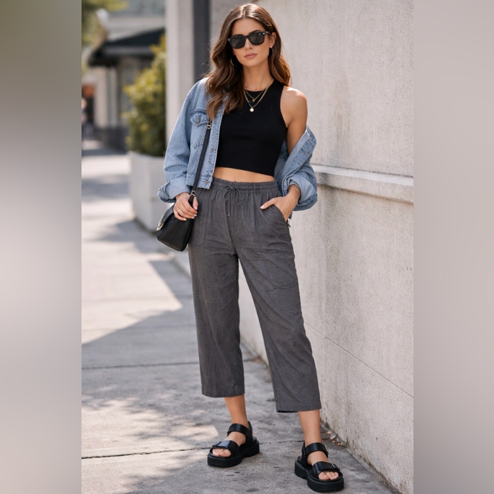 Ellen Tracy Gray Linen Elastic Waist Cropped Pants Women’s Capri Summer Trousers